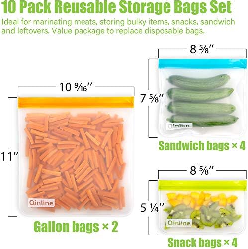 Újrafelhasználható Élelmiszer Tároló Zsák - 10 Pack BPA MENTES Lapos Fagyasztó Táskák(2 Újrafelhasználható Literes Zsák + 4 Szivárgásmentes