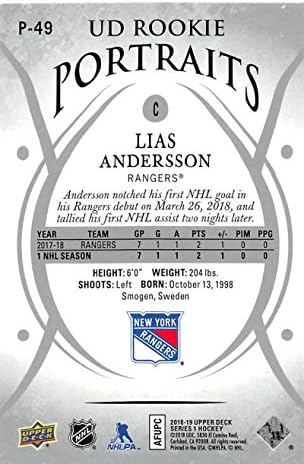 2018-19 Felső szint Portrék Jégkorong Kártya P-49 Lias Andersson New York Rangers Hivatalos UD Trading Card